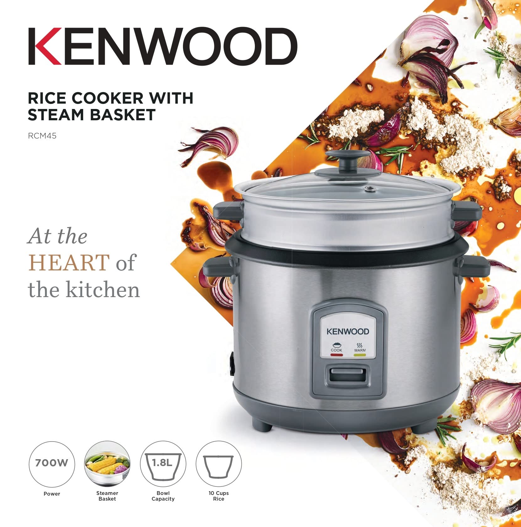 KENWOOD 2-in-1 Rice Cooker 1.8L 10-Cups Rice with Food Steamer Basket, Non-Stick Cooking Pot, Temepered Glass Lid, Warm/Cook Lights جهاز طهي الارز 2 في 1 سعة 1.8 لتر من كينوود، 10 اكواب مع سلة طهي بالبخار للطعام، وعاء طبخ غير لاصق KENWOOD 2-in-1 Rice Cooker 1.8L 10-Cups Rice with Food Steamer Basket, Non-Stick Cooking Pot, Temepered Glass Lid, Warm/Cook Lights جهاز طهي الارز 2 في 1 سعة 1.8 لتر من كينوود، 10 اكواب مع سلة طهي بالبخار للطعام، وعاء طبخ غير لاصق